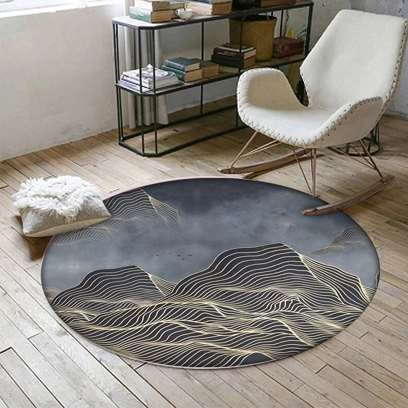 Rynx | Modern Swirl Stripe Pattern Rug with Mountain Dark Grey Polyester Rug Machine Washable Non-Slip Area Rug for Bedroom