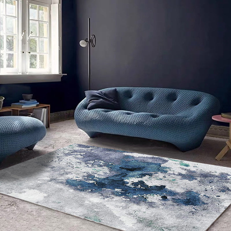 Rynx | Blue and Grey Modern Rug Polyester Watercolor Pattern Rug Washable Non-Slip Backing Carpet for Living Room