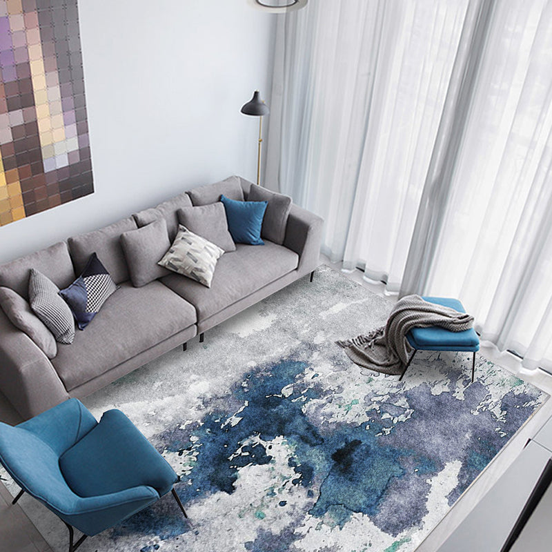 Rynx | Blue and Grey Modern Rug Polyester Watercolor Pattern Rug Washable Non-Slip Backing Carpet for Living Room