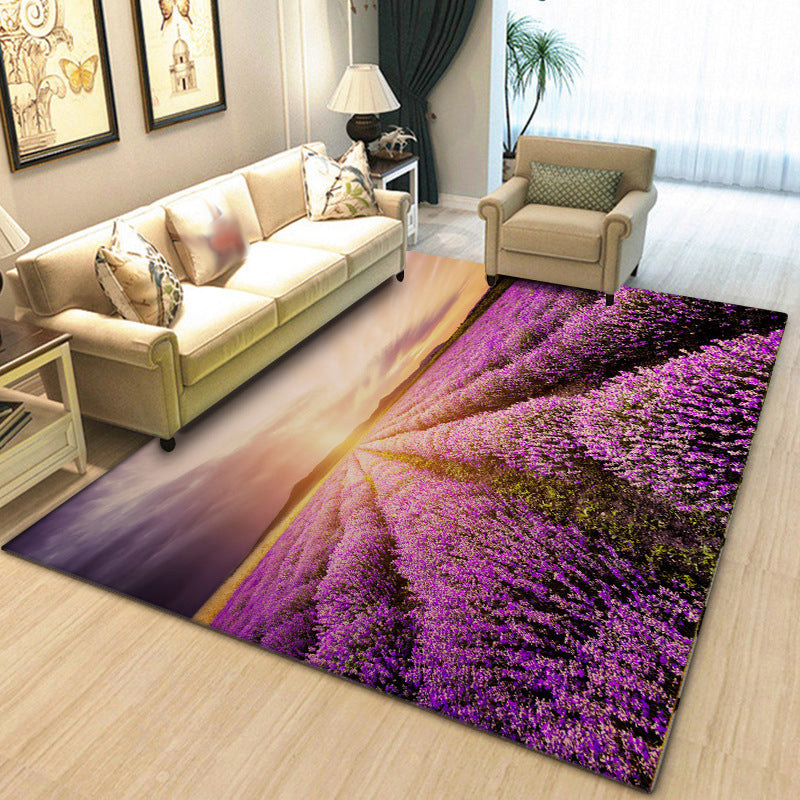 Rynx | Novelty Lavender Pattern Rug Purple Polyester Rug Machine Washable Non-Slip Area Rug for Bedroom