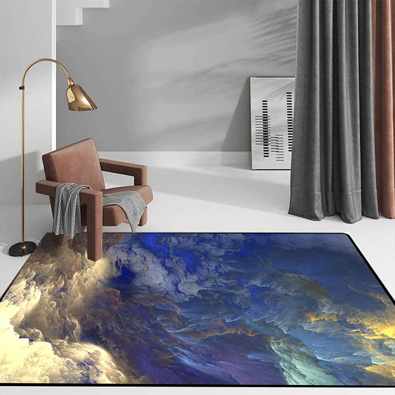 Rynx | Modern Living Room Rug in Blue and Yellow Abstract Cloud Print Rug Polyester Stain-Resistant Washable Area Rug