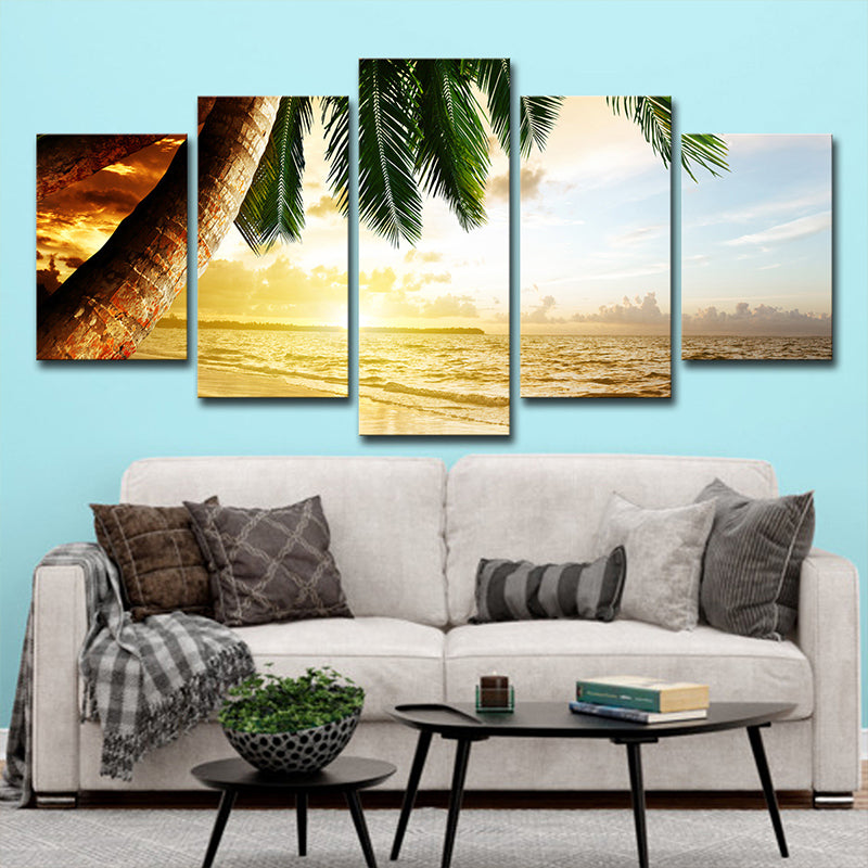 Rynx | Beach Palm Tree Canvas Art Tropix Beautiful Sunset over the Sea Scene Wall Decoration in Gold