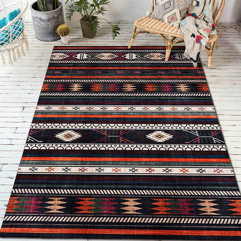 Rynx | Tribal Southwest Rug in Black Geometric Stripe Pattern Rug Polyester Non-Slip Rug for Home Decor