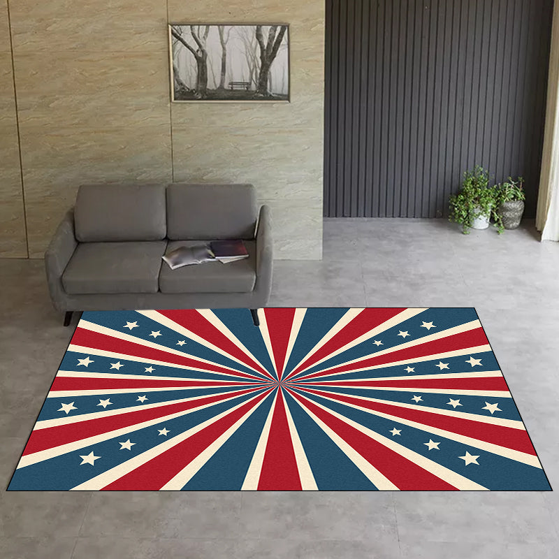 Rynx | Contemporary Radial Pattern Rug with Star Blue and Red Polyester Rug Machine Washable Non-Slip Area Rug for Bedroom