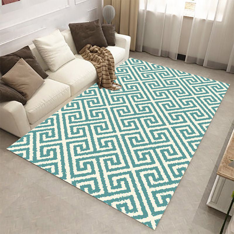 Rynx | Modern Living Room Rug in Green Geometric Greek Keys Print Rug Polyester Pet Friendly Area Rug