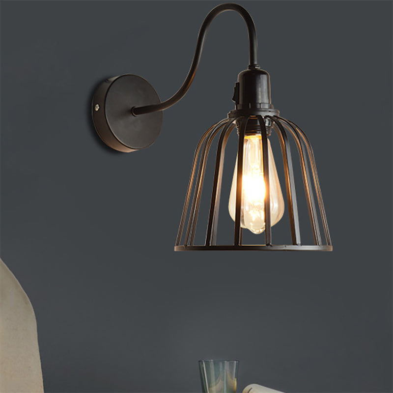 Rynx | Swing Arm Metallic Wall Lamp with Wire Cage Industrial 1 Light Bedroom Wall Lamp in Black