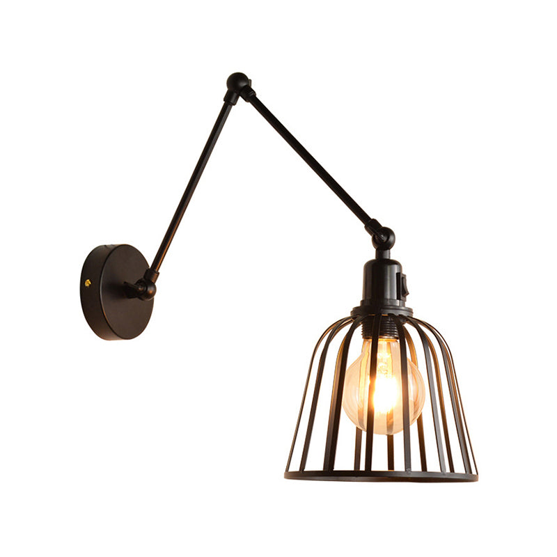 Rynx | Swing Arm Metallic Wall Lamp with Wire Cage Industrial 1 Light Bedroom Wall Lamp in Black