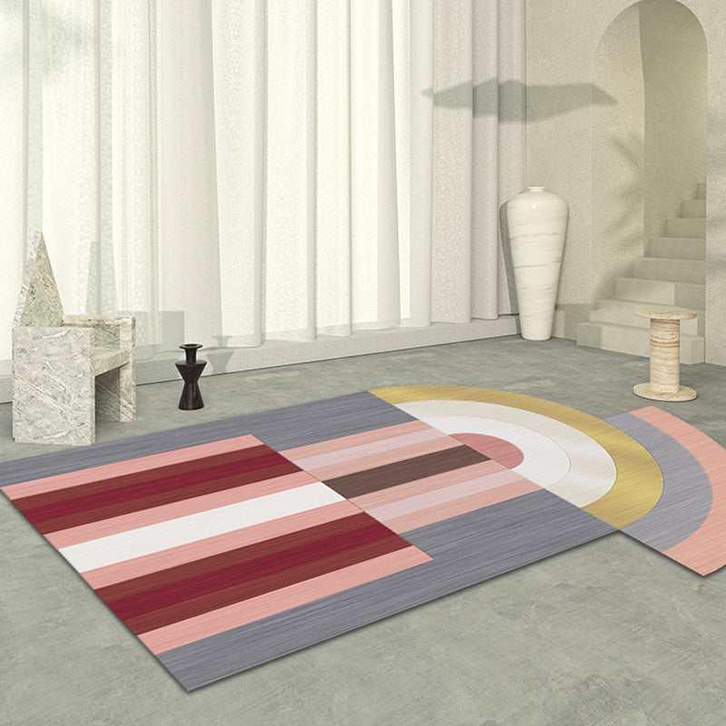 Rynx | Red and Gray Irregular Carpet Bedroom Novelty Color Block Pattern Area Rug Polyester Non-Slip Backing Rug