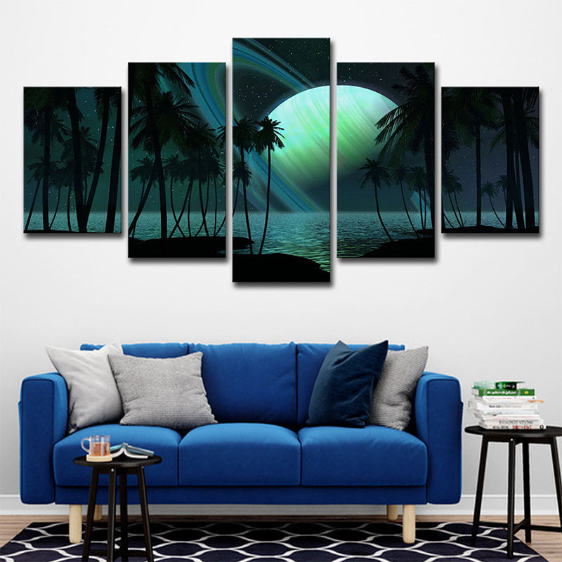Rynx | Tropics Night Zeeland Landscape Canvas Green Ring Planet Wall Art Print for Family Room