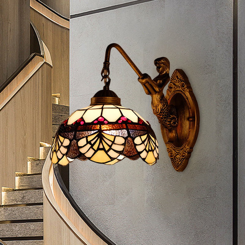 Rynx | 1 Head Scalloped Dome Wall Lamp Tiffany Gold Cut Glass Wall Lamp with Mermaid/Swinging Arm