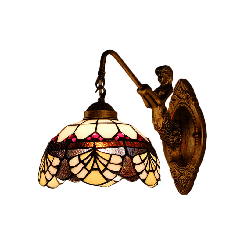 Rynx | 1 Head Scalloped Dome Wall Lamp Tiffany Gold Cut Glass Wall Lamp with Mermaid/Swinging Arm