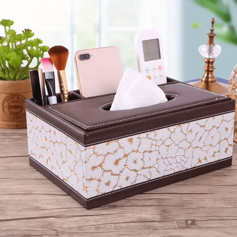Rynx | Multifunctional Faux Leather Tissue and Storage Box – Four Compartments for Remote Control and Napkins