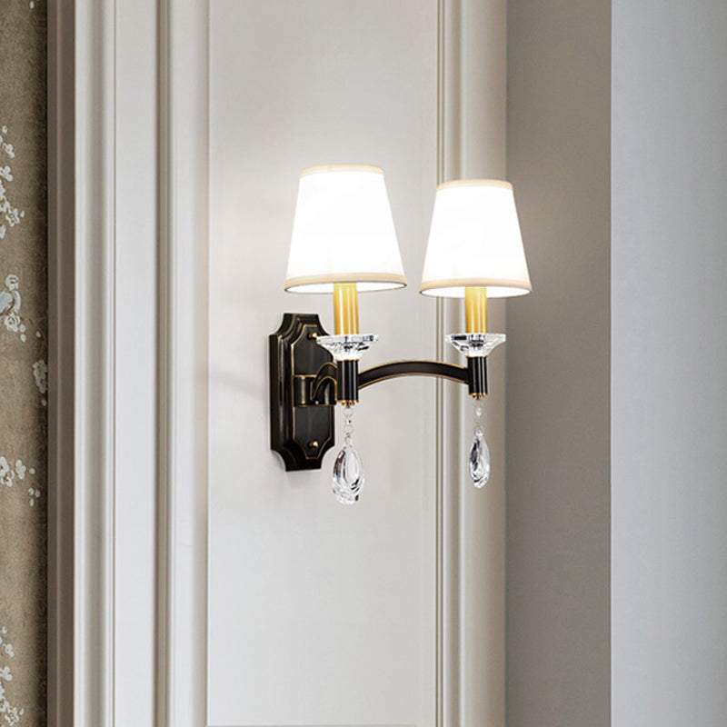 Rynx | Schneider Crystal Drop Wall Mount Light Vintage 1/2 Bulb Brown Wall Light with Conical Fabric Shade