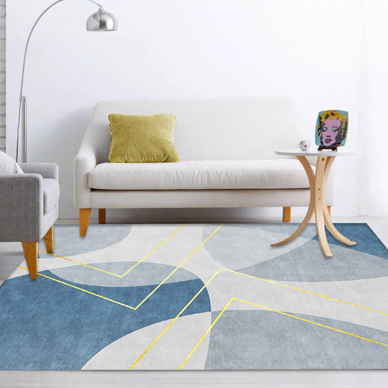 Rynx | Unique Abstract Rug Blue and Grey Contemporary Rug Polyester Pet Friendly Washable Area Rug for Living Room
