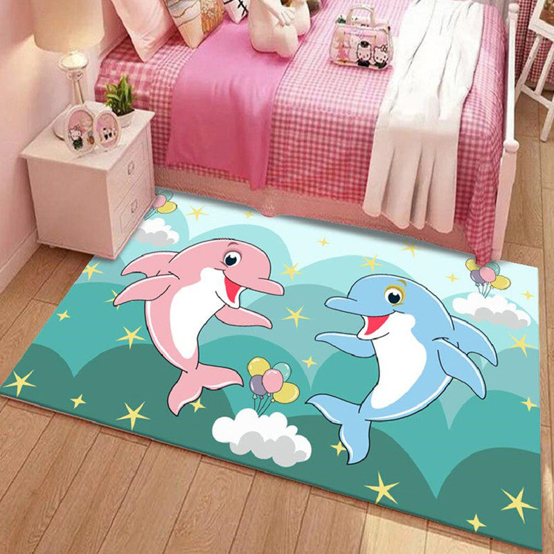 Rynx | Kids Cartoon Dolphin Pattern Rug with Star Green and Blue Polyester Rug Washable Pet Friendly Non-Slip Area Rug for Kids Room
