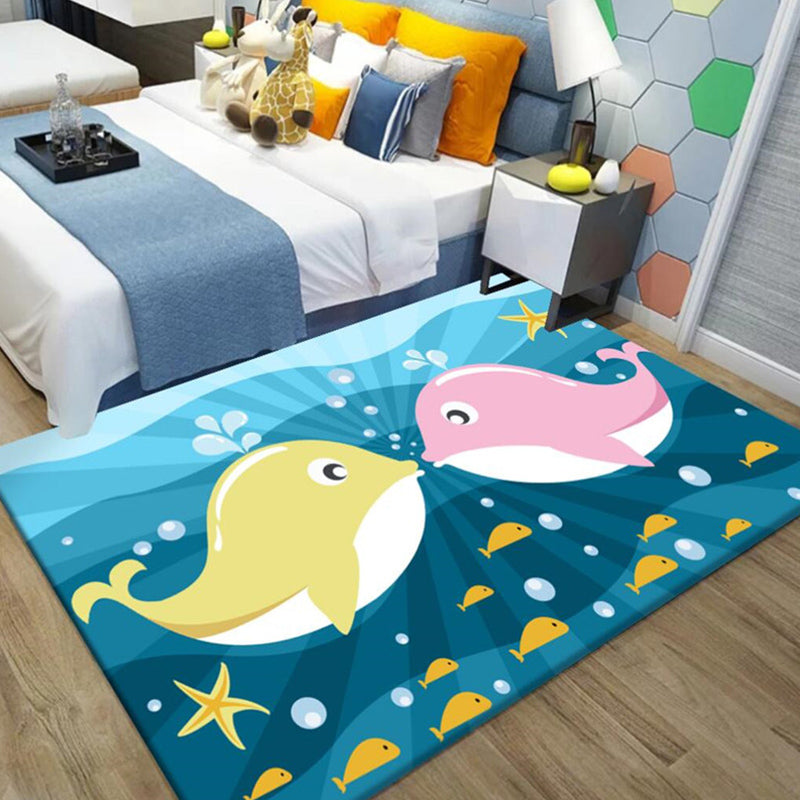 Rynx | Kids Cartoon Dolphin Pattern Rug with Star Green and Blue Polyester Rug Washable Pet Friendly Non-Slip Area Rug for Kids Room