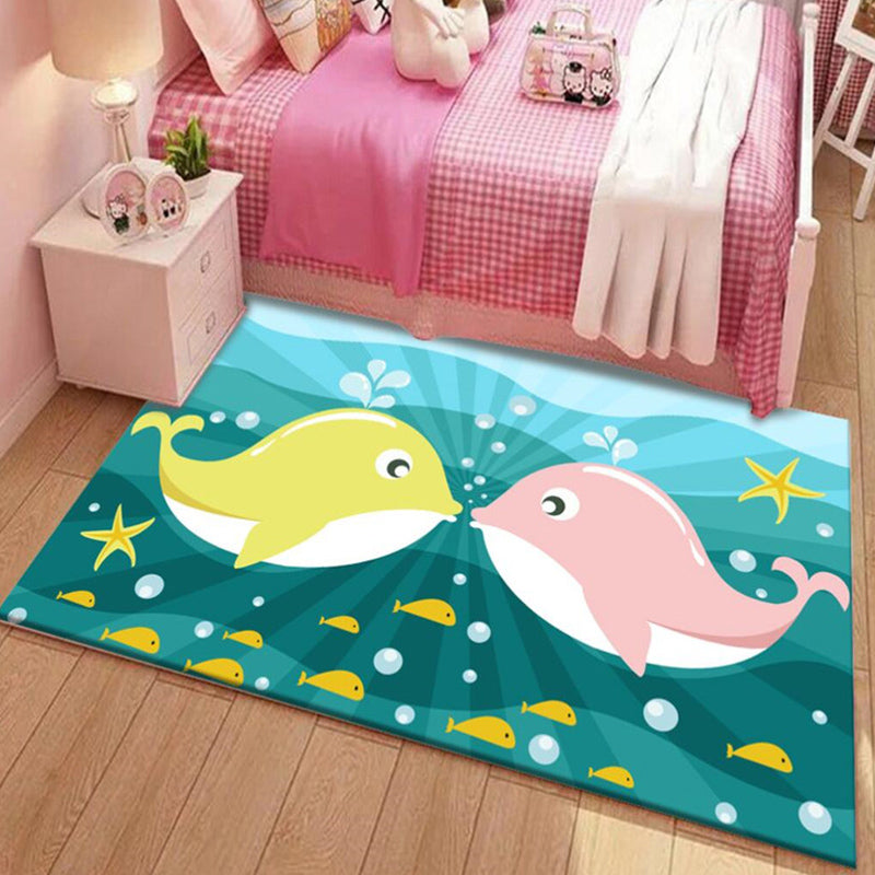Rynx | Kids Cartoon Dolphin Pattern Rug with Star Green and Blue Polyester Rug Washable Pet Friendly Non-Slip Area Rug for Kids Room