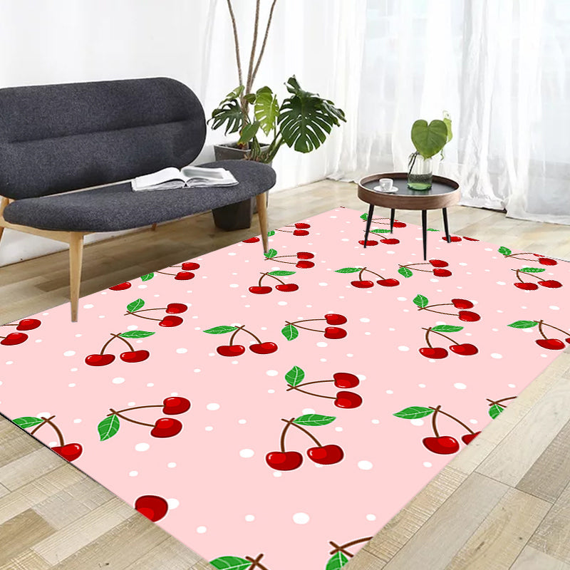 Rynx | Pink Children's Carpet Synthetic Cherry Pattern Carpet Pet Friendly Washable Non-Slip Back Carpet for Decoration