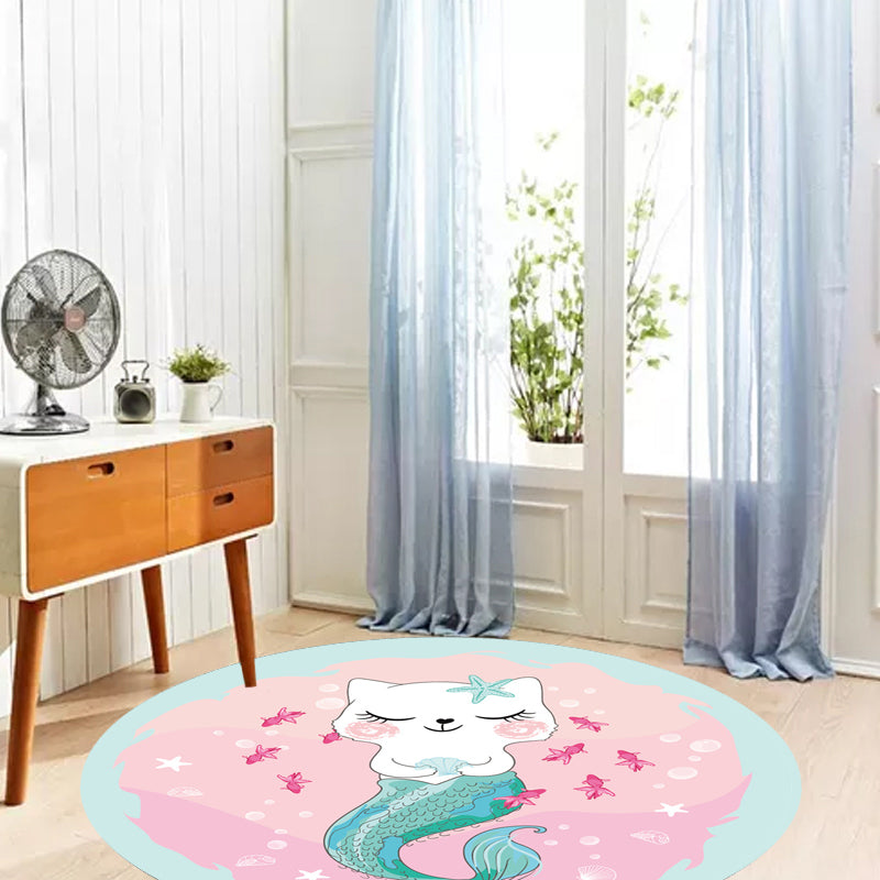 Rynx | Kids Cartoon Cat Pattern Rug Pink and Red Polyester Carpet Washable Pet Friendly Non-Slip Area Rug for Children's Room