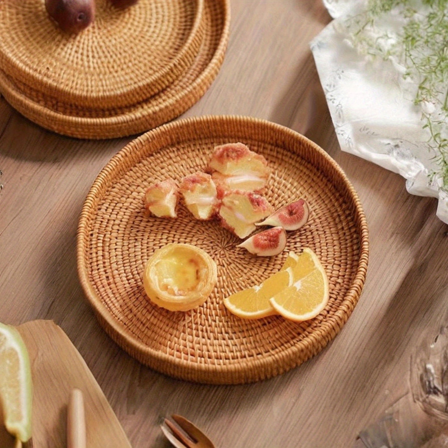 Rynx | RattanServe - Round Rattan Woven Serving Plate | For Breakfast, Dessert & Fruit