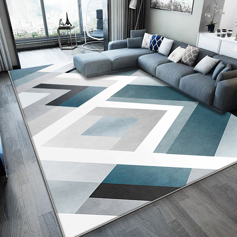 Rynx | Unique Geometric Pattern Rug Blue and White Modern Rug Polyester Washable Pet Friendly Anti-Slip Carpet for Living Room