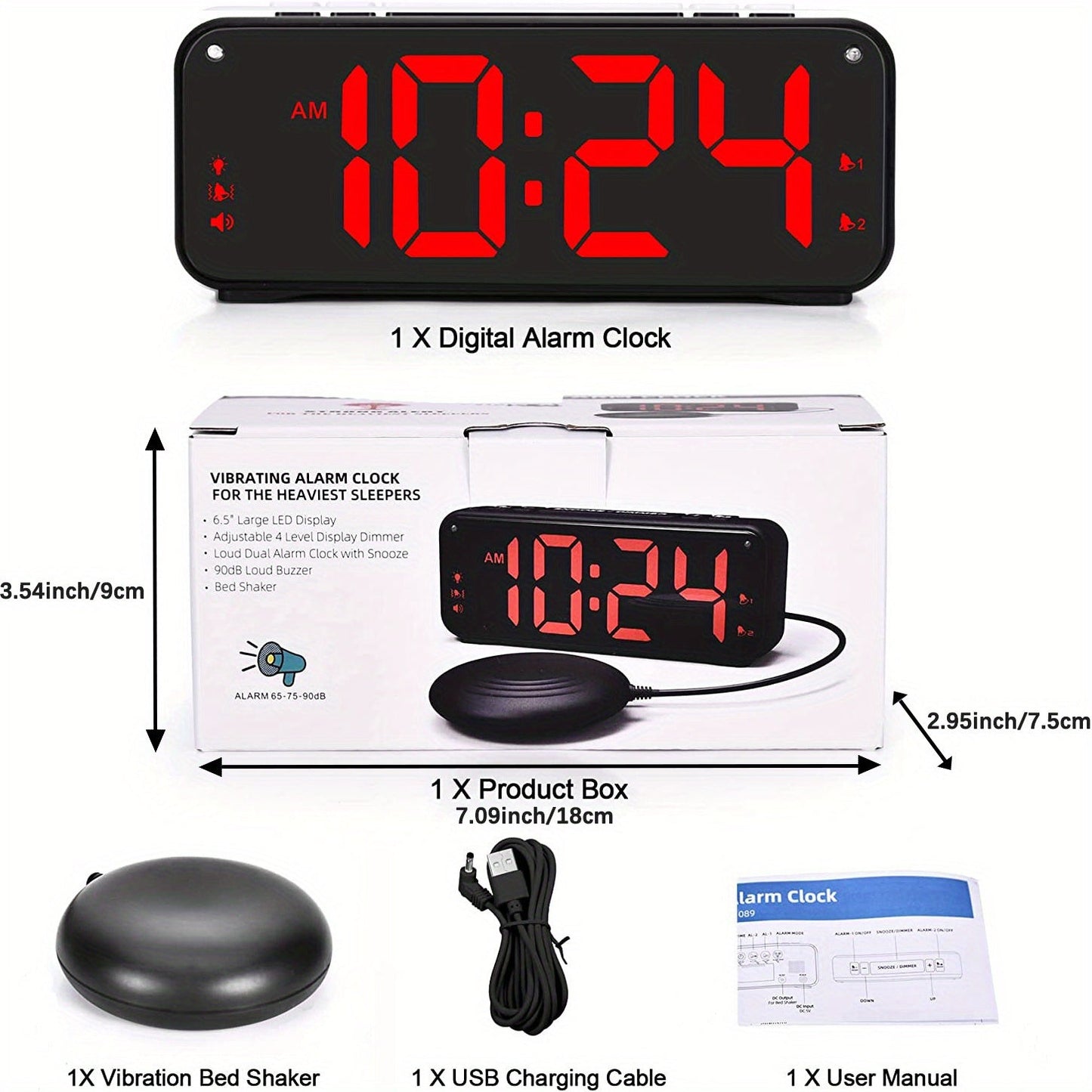 Rynx | LoudClock - Vibrating Alarm Clock with Large LED Display and Dual Alarms