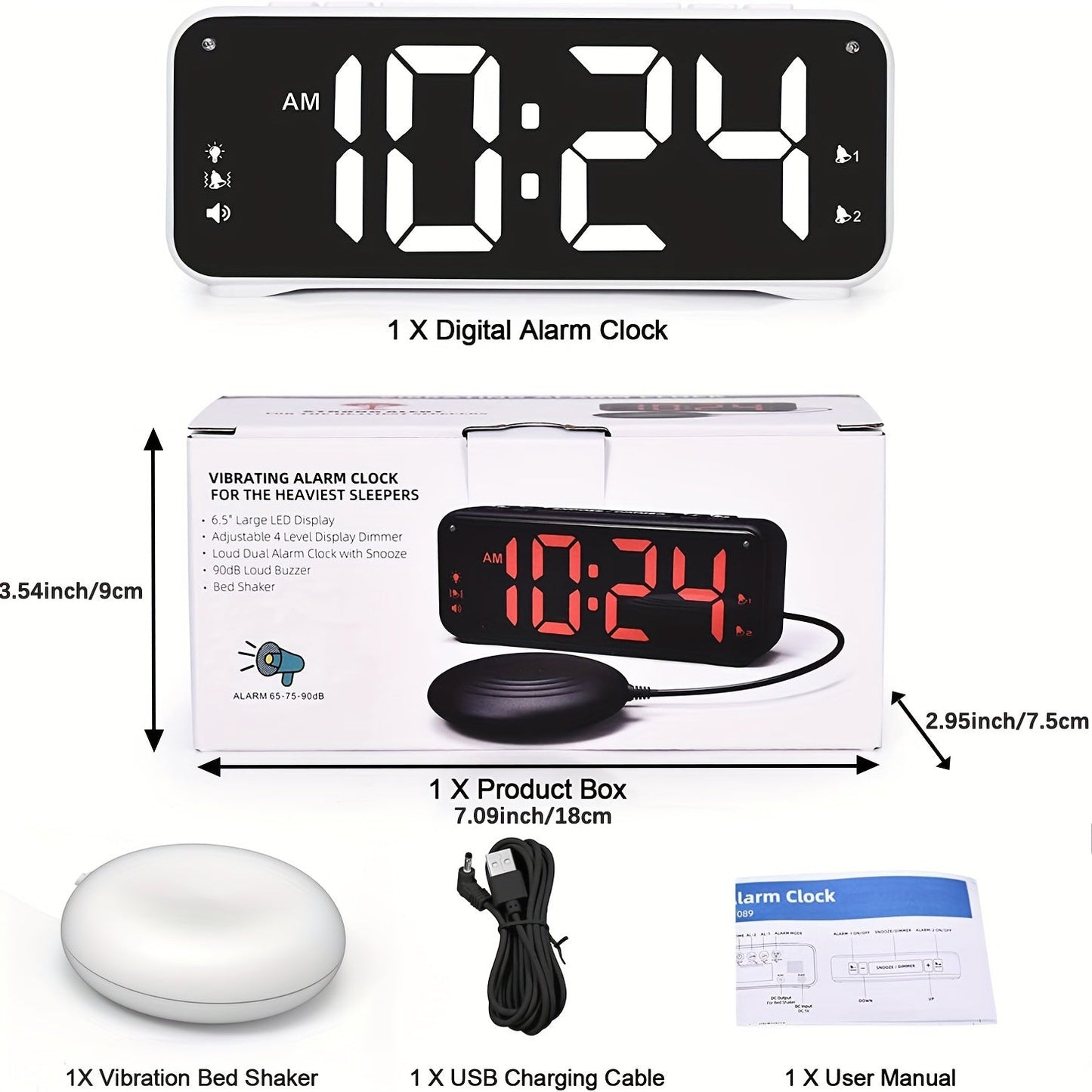 Rynx | LoudClock - Vibrating Alarm Clock with Large LED Display and Dual Alarms