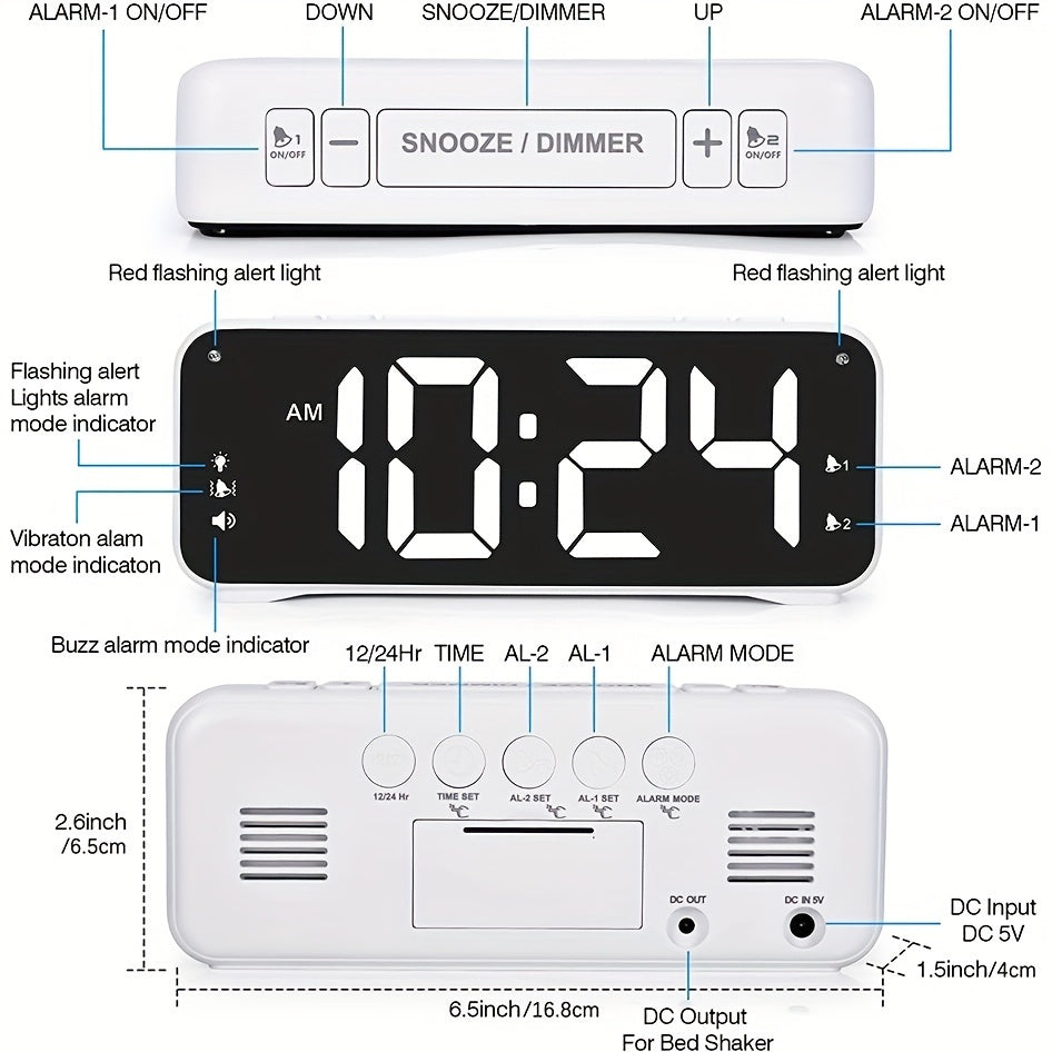Rynx | LoudClock - Vibrating Alarm Clock with Large LED Display and Dual Alarms