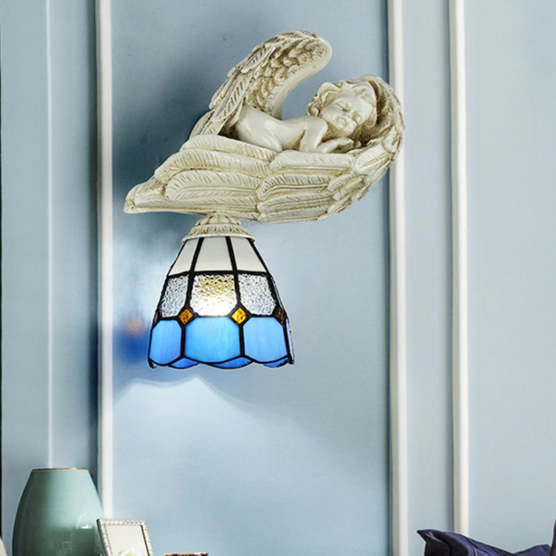 Rynx | Stained Glass Dome Wall Light with Resin Angel Loft Tiffany 1 Light Concealed Lamp in White/Clear
