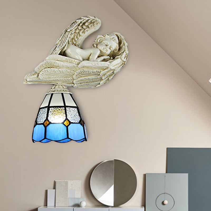 Rynx | Stained Glass Dome Wall Light with Resin Angel Loft Tiffany 1 Light Concealed Lamp in White/Clear