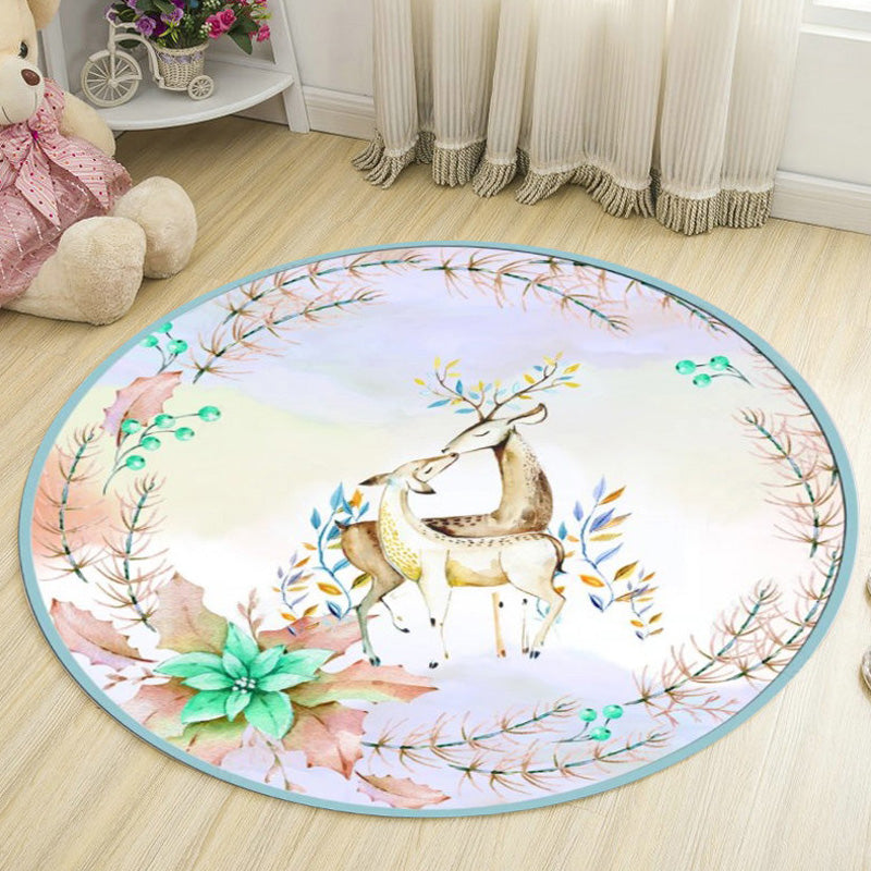 Rynx | Kids Deer Pattern Carpet with Flowers White and Blue Polyester Carpet Non-Slip Backing Washable Pet-Friendly Carpet for the Bedroom