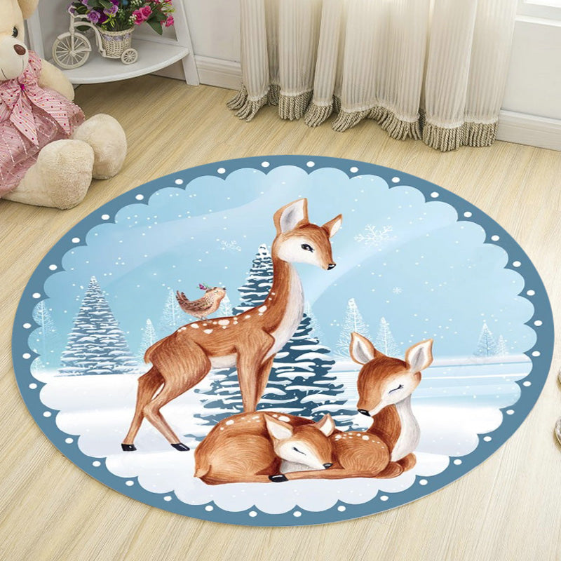 Rynx | Kids Deer Pattern Carpet with Flowers White and Blue Polyester Carpet Non-Slip Backing Washable Pet-Friendly Carpet for the Bedroom