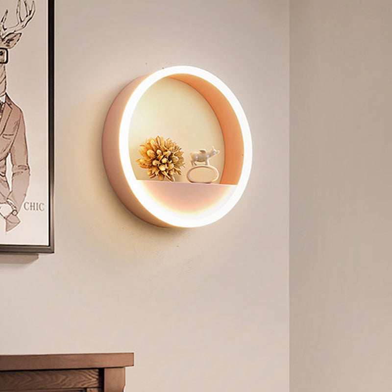 Rynx | Iron Ring Flush Mount Wall Light Macaron Pink/Blue 12"/16" Wide LED Wall Lamp in Warm/White Light with Shelf Function