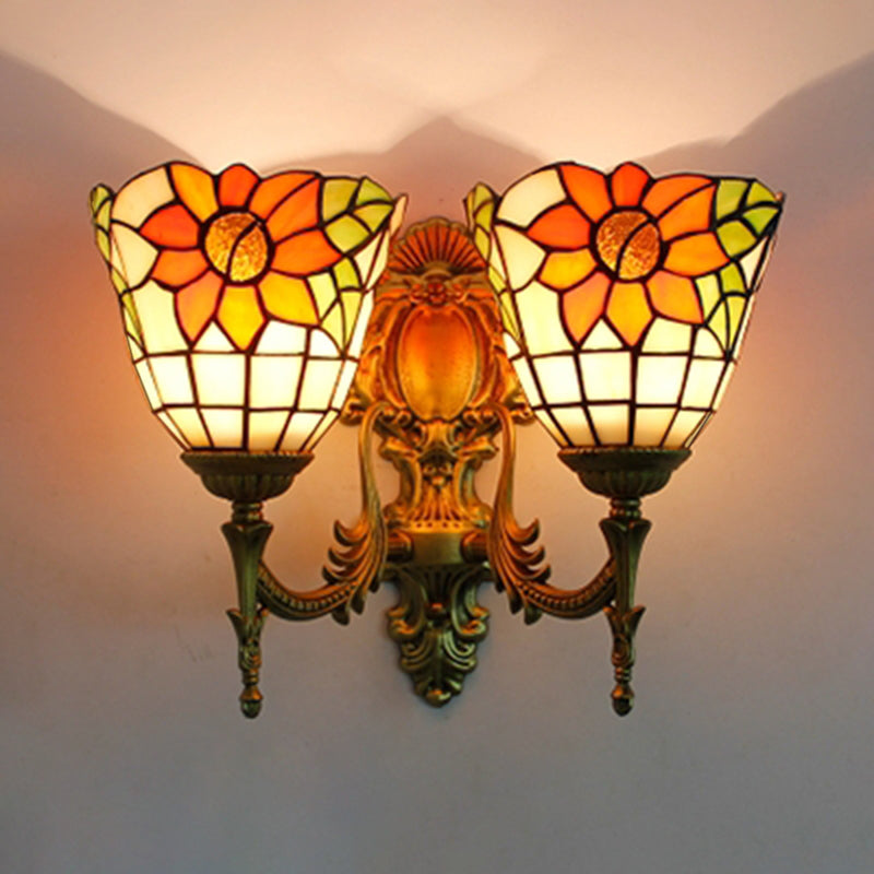 Rynx | Sunflower Wall Mount Light Lodge Style Stained Glass 2 Heads Wall Lighting for Bedroom