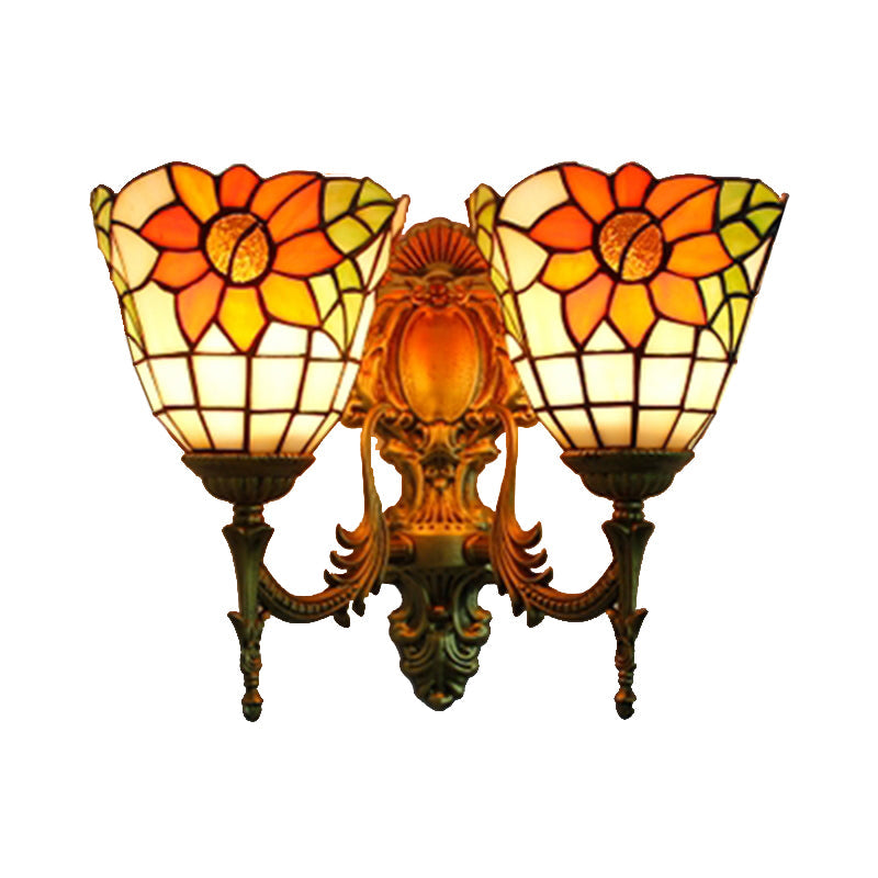 Rynx | Sunflower Wall Mount Light Lodge Style Stained Glass 2 Heads Wall Lighting for Bedroom