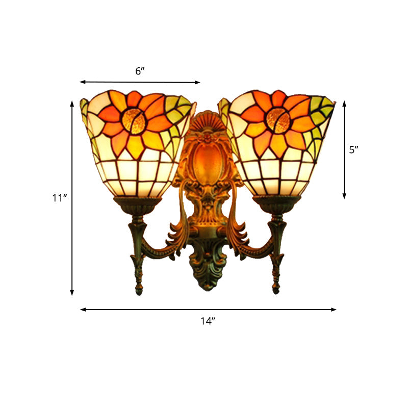 Rynx | Sunflower Wall Mount Light Lodge Style Stained Glass 2 Heads Wall Lighting for Bedroom