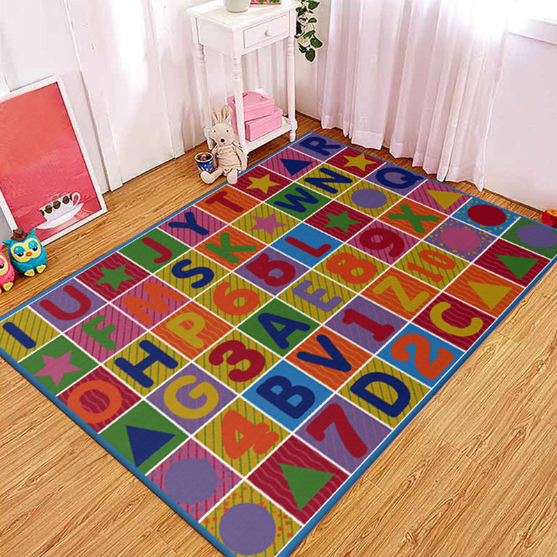 Rynx | Multicolored Letter Pattern Rug Polyester Kids Rug Pet Friendly Washable Non-Slip Rug for the Bedroom
