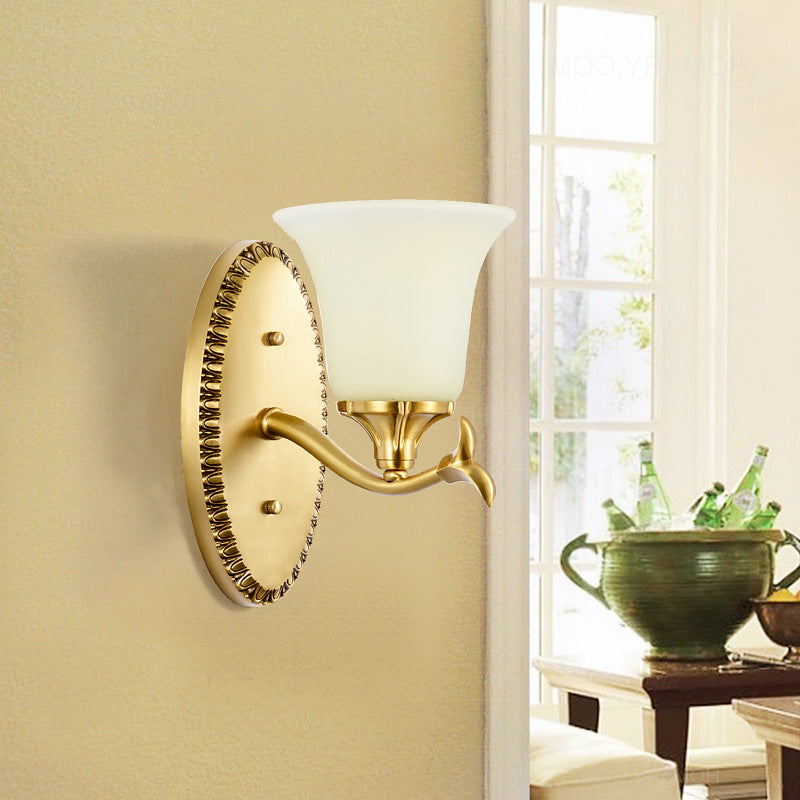 Rynx | Rural Bell Wall Lighting 1/2-Light Cream Glass Wall Lamp with Oval Back Plate in Brass