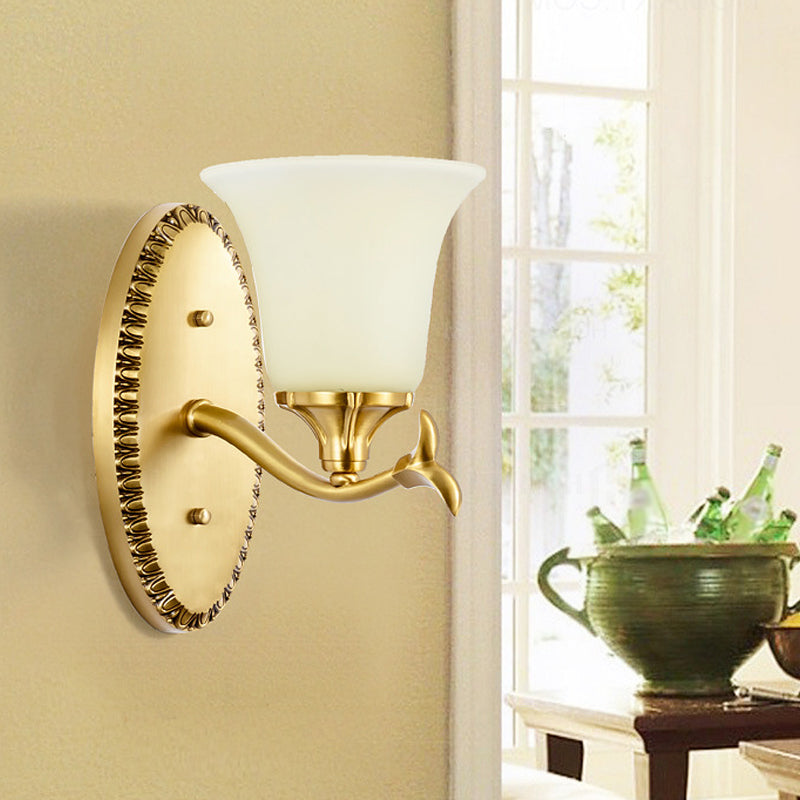 Rynx | Rural Bell Wall Lighting 1/2-Light Cream Glass Wall Lamp with Oval Back Plate in Brass