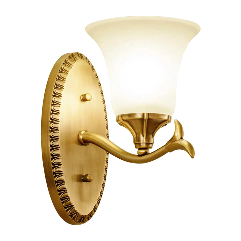 Rynx | Rural Bell Wall Lighting 1/2-Light Cream Glass Wall Lamp with Oval Back Plate in Brass