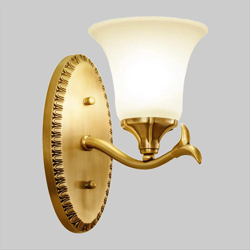 Rynx | Rural Bell Wall Lighting 1/2-Light Cream Glass Wall Lamp with Oval Back Plate in Brass