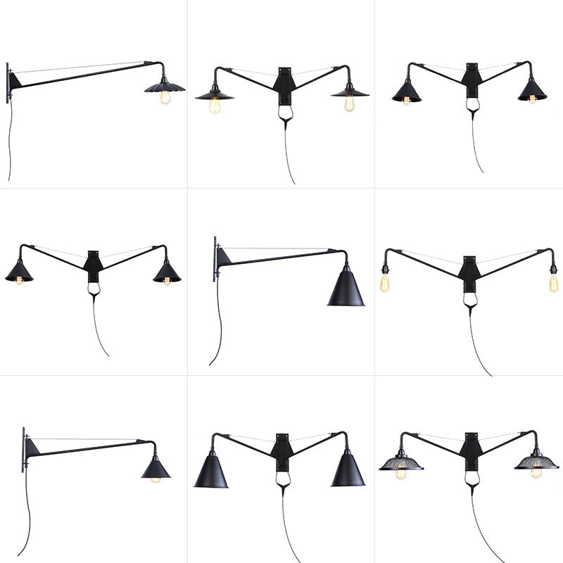 Rynx | Industrial Scalloped/Exposed Wall Lamp 1/2-Light Iron Plug-in Wall Mounted Lighting with Long Swing Arm in Black