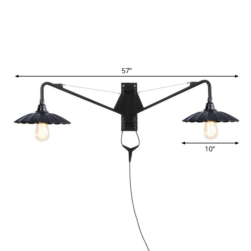 Rynx | Industrial Scalloped/Exposed Wall Lamp 1/2-Light Iron Plug-in Wall Mounted Lighting with Long Swing Arm in Black