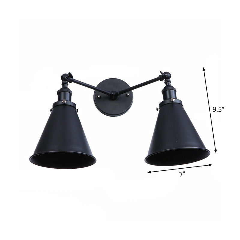 Rynx | 2 Lights Wall Mounted Lamp Retro Cone/Shell Pivot Shade Metal Wall Light in Black for Bathroom