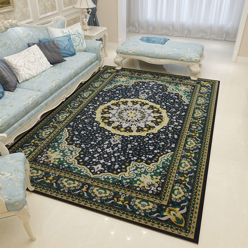 Rynx | Mediterranean Moroccan Rug in Black and White Medallion Floral Pattern Rug Polyester Washable Carpet for Home Decoration