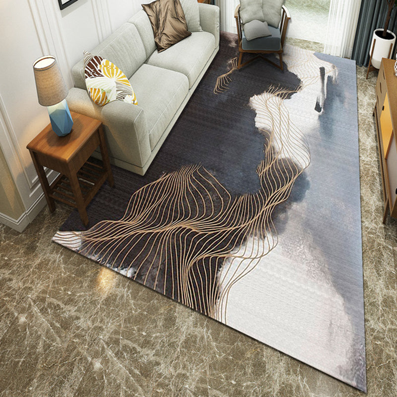 Rynx | Navy Blue Ink Painting Modernism Washable Polyester Rug with Gold Curved Line Parlor Area Rug