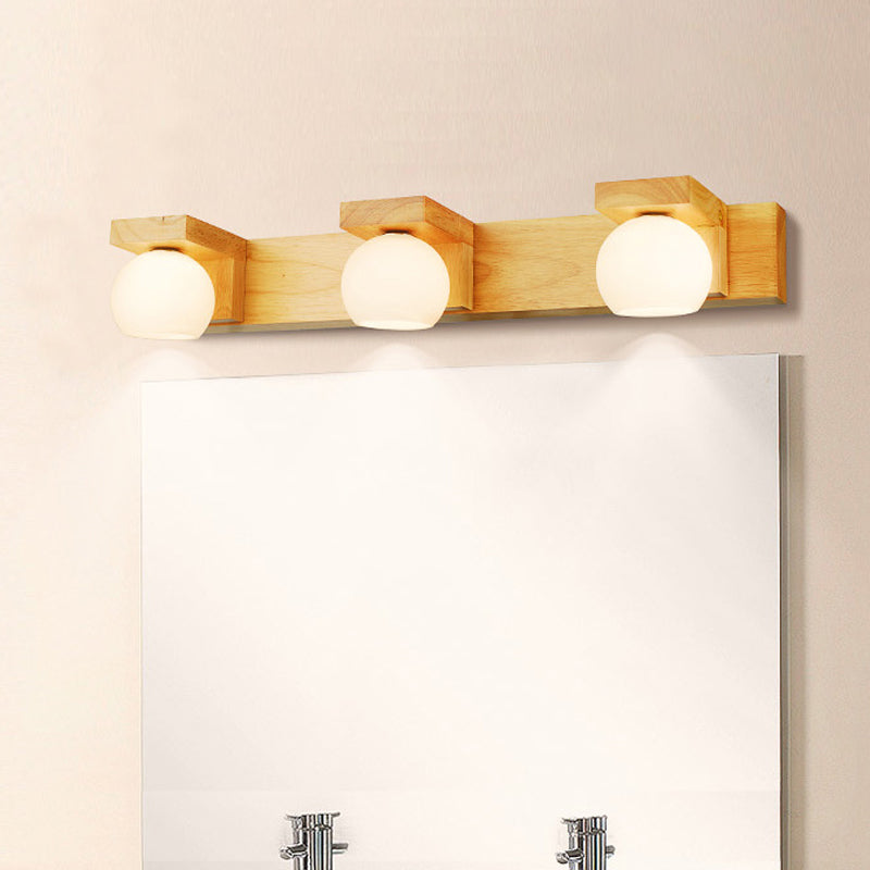 Rynx | Linear Bathroom Wall Lamp Wood 2/3 Heads Nordic Wall Mounted Lamp with Ball Opal Glass Shade