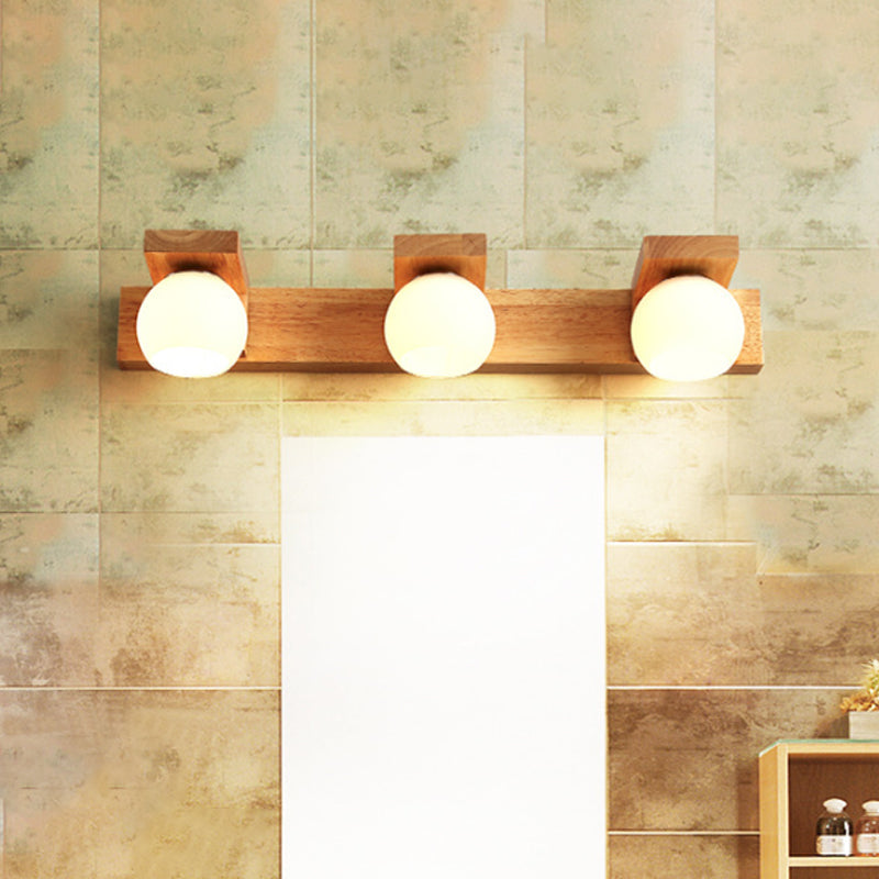 Rynx | Linear Bathroom Wall Lamp Wood 2/3 Heads Nordic Wall Mounted Lamp with Ball Opal Glass Shade
