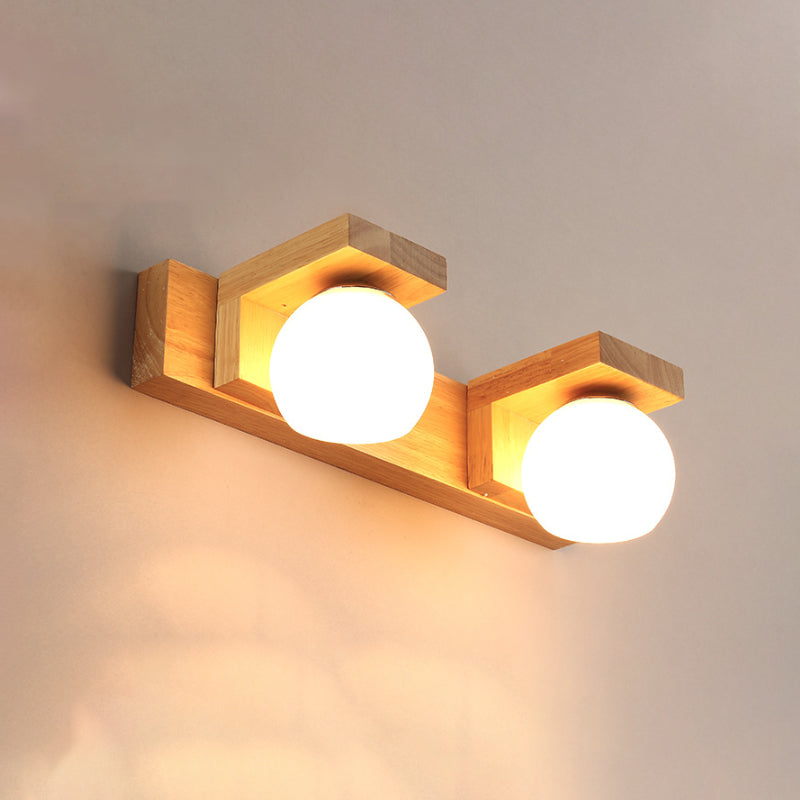 Rynx | Linear Bathroom Wall Lamp Wood 2/3 Heads Nordic Wall Mounted Lamp with Ball Opal Glass Shade