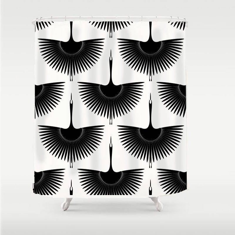 Rynx | Black and White Crane Shower Curtain with Hooks, Bathroom Curtains with Ring, Unique Bathroom Decoration, Boho Shower Curtain, Customizable Bathroom Curtains, Extra Long Shower Curtain